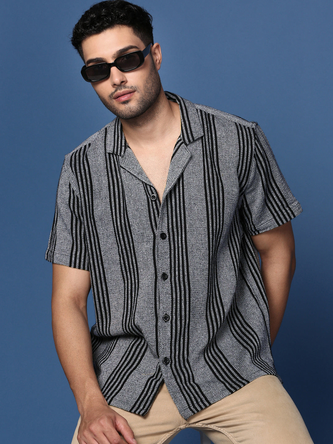 Men Cuban Collar Striped Grey Relaxed Fit Shirt