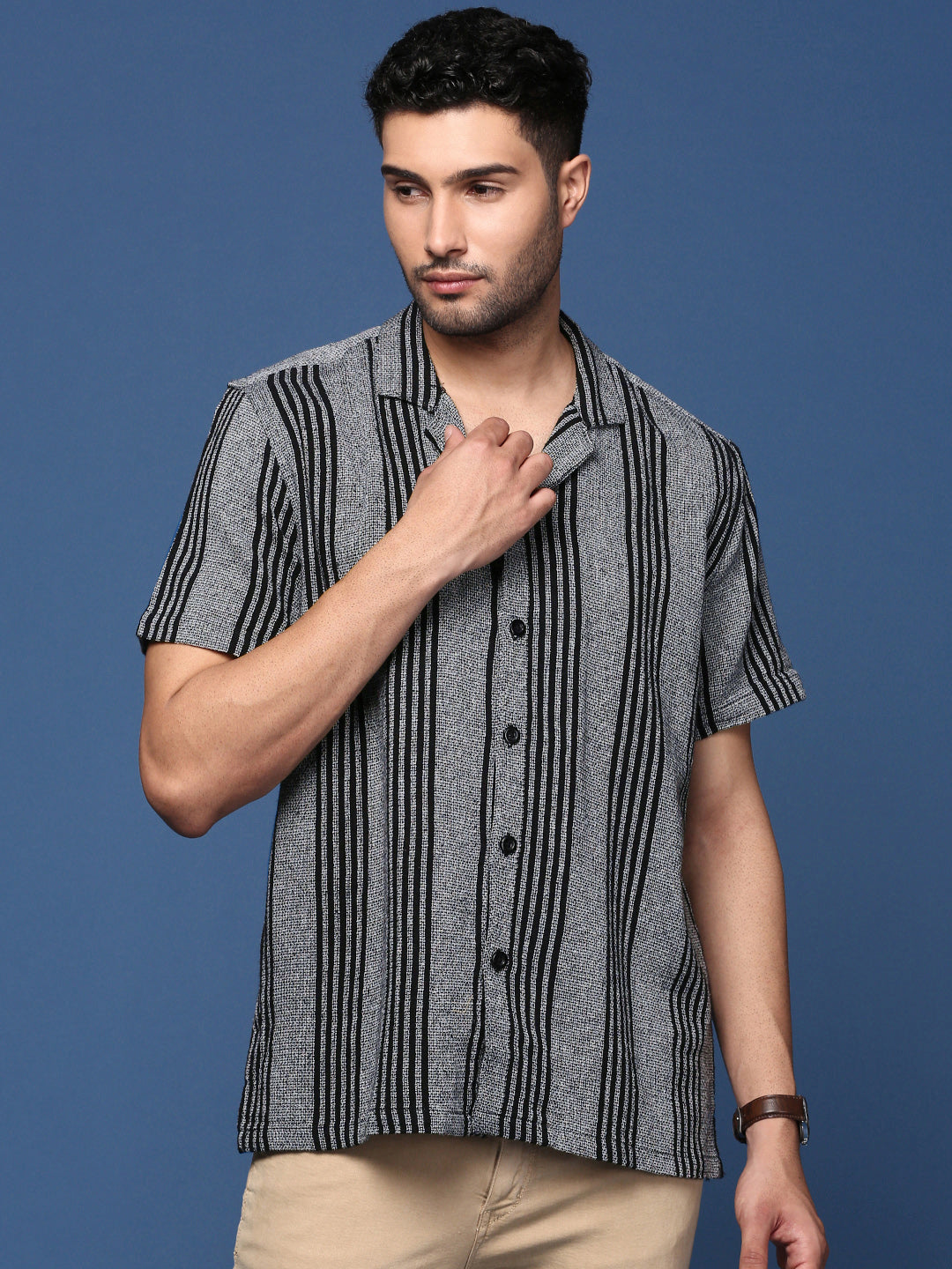 Men Cuban Collar Striped Grey Relaxed Fit Shirt