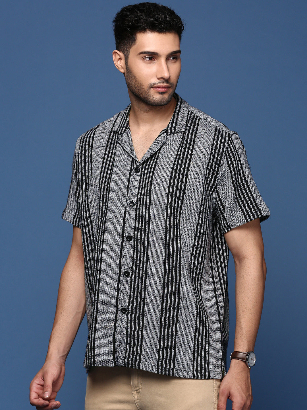 Men Cuban Collar Striped Grey Relaxed Fit Shirt