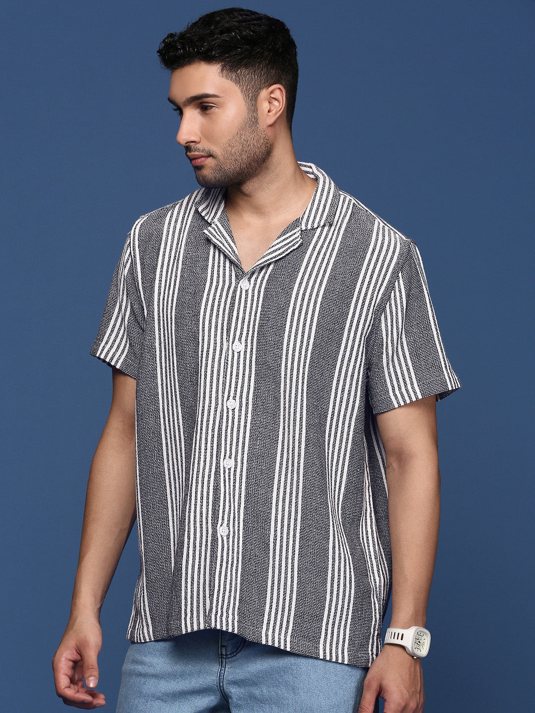 Men Cuban Collar Striped Black Relaxed Fit Shirt