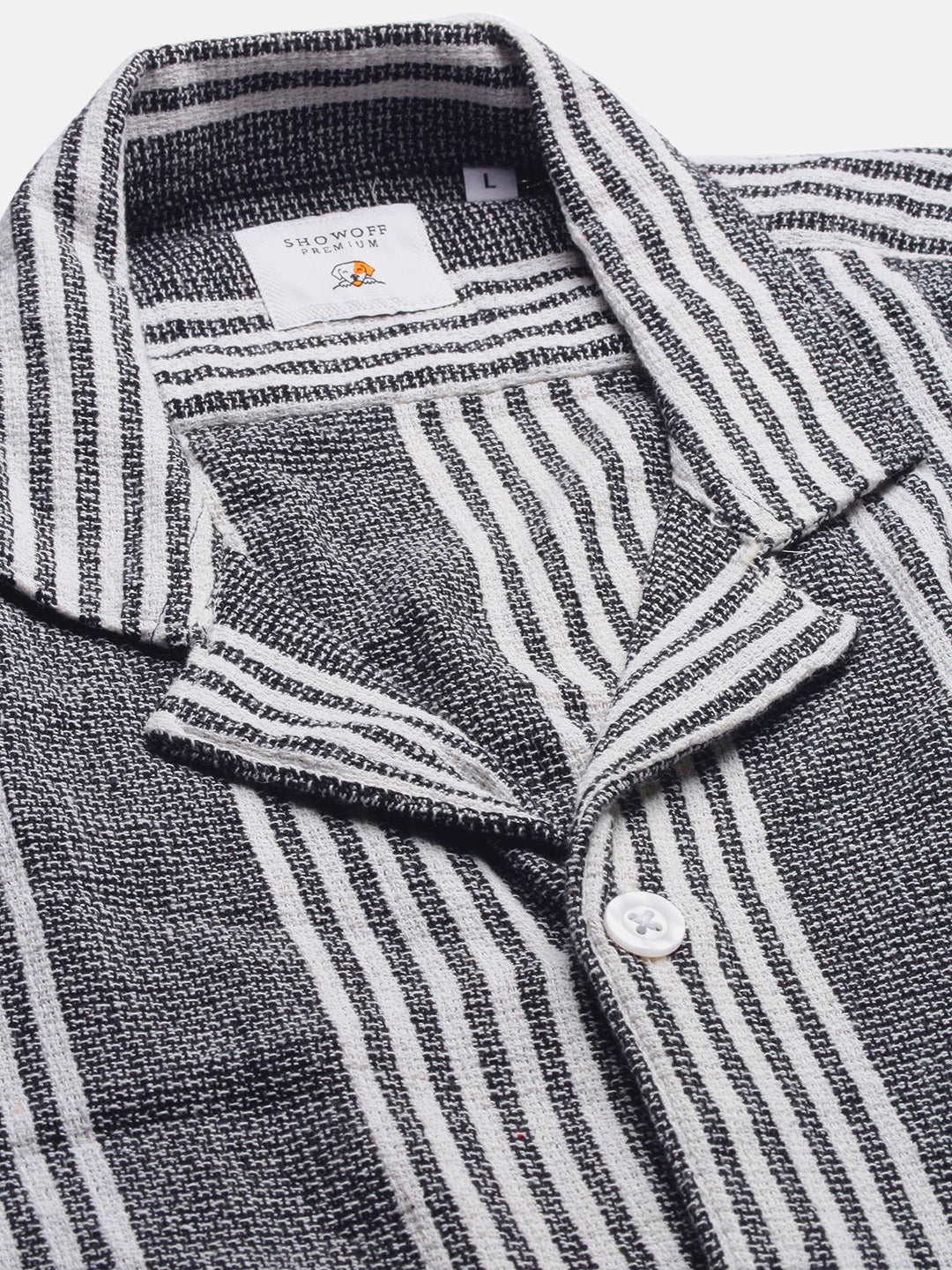 Men Cuban Collar Striped Black Relaxed Fit Shirt