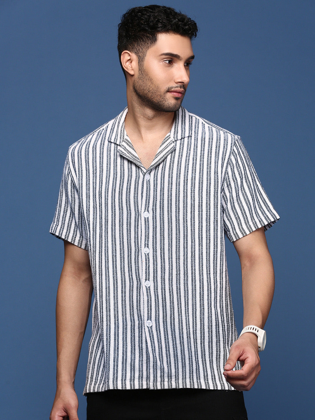 Men Cuban Collar Striped White Relaxed Fit Shirt