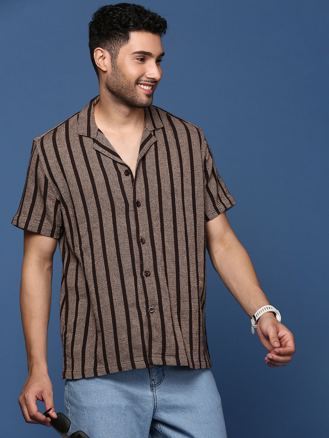 Men Cuban Collar Striped Brown Relaxed Fit Shirt