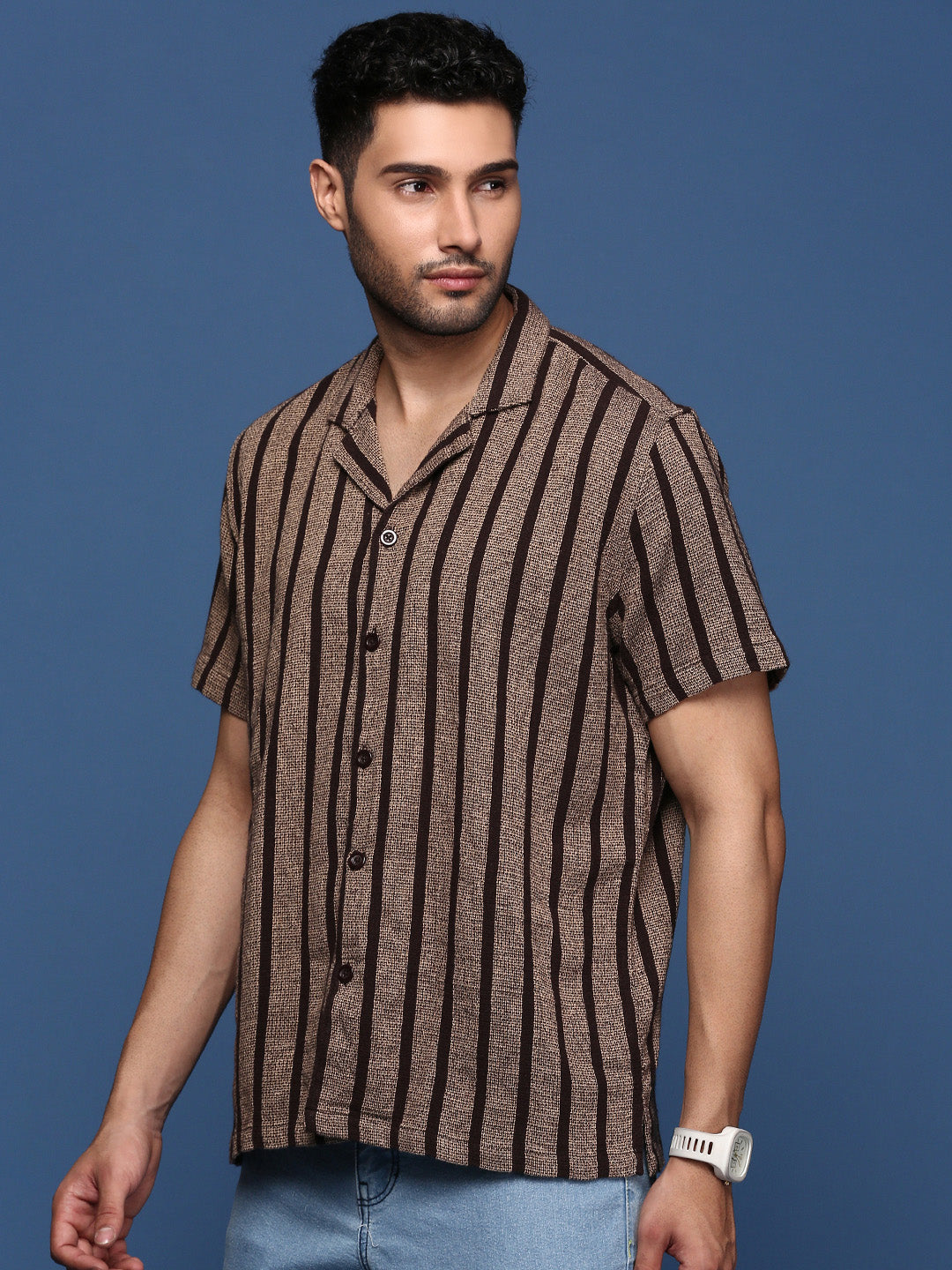 Men Cuban Collar Striped Brown Relaxed Fit Shirt