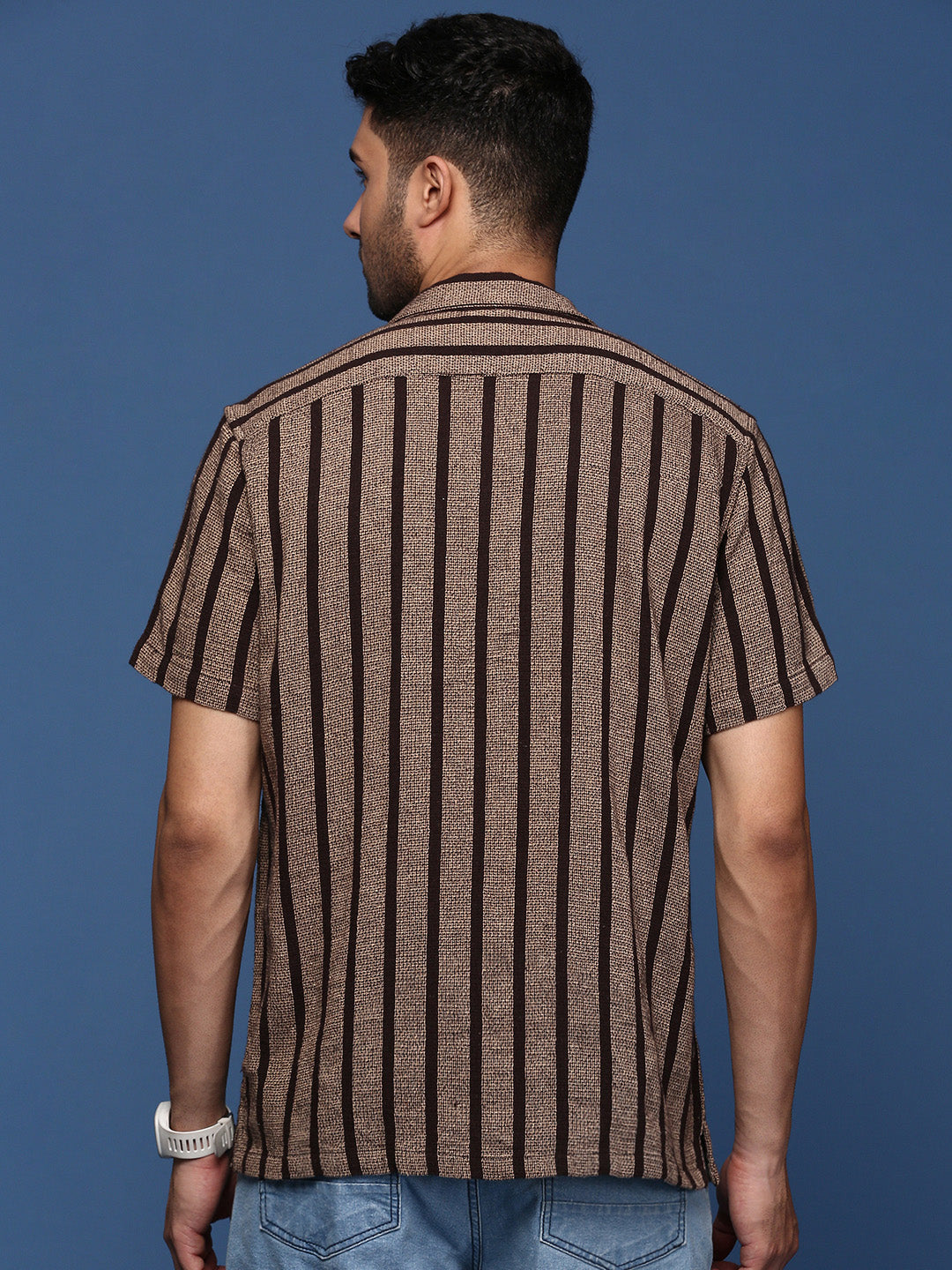 Men Cuban Collar Striped Brown Relaxed Fit Shirt