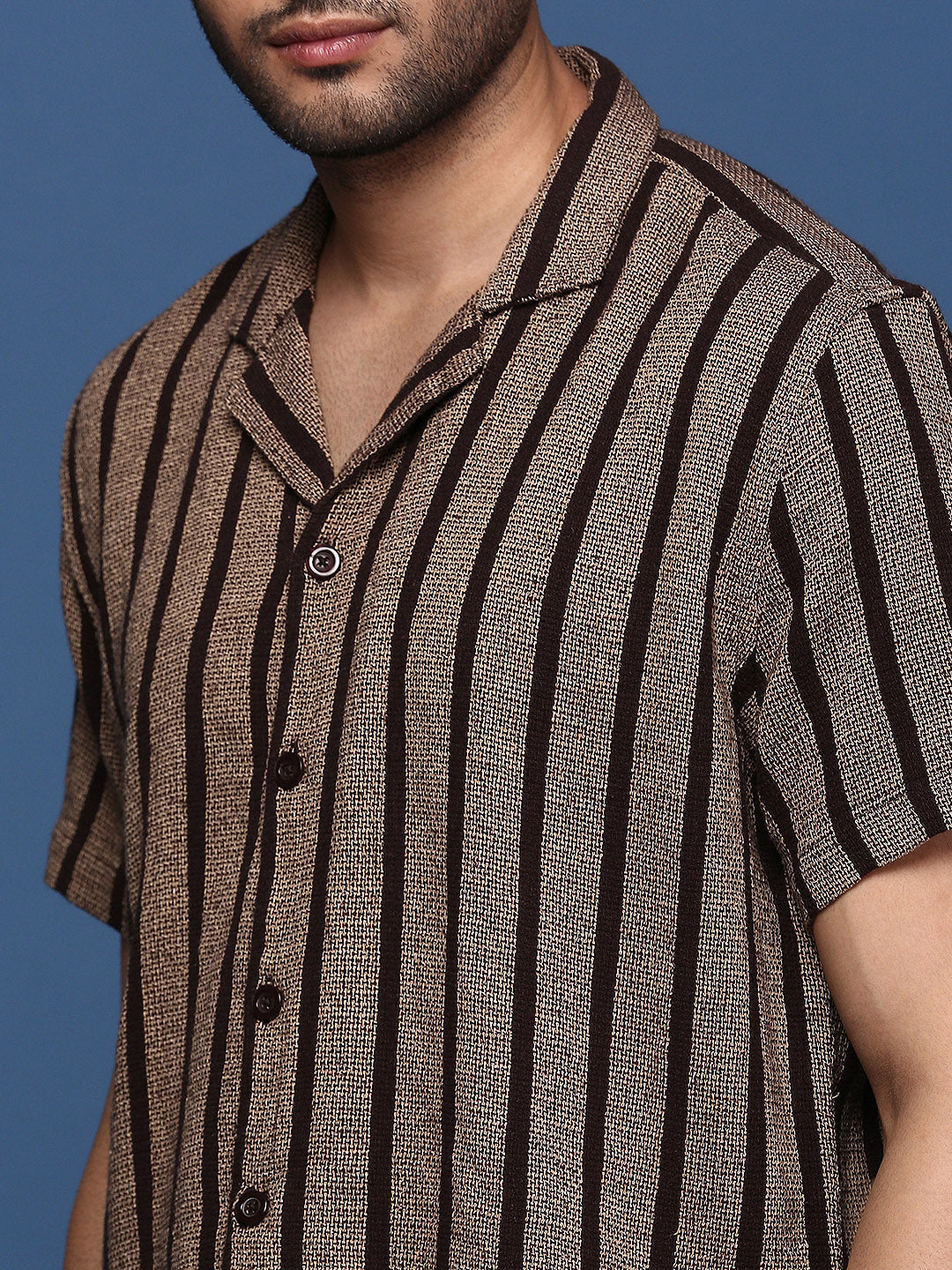 Men Cuban Collar Striped Brown Relaxed Fit Shirt