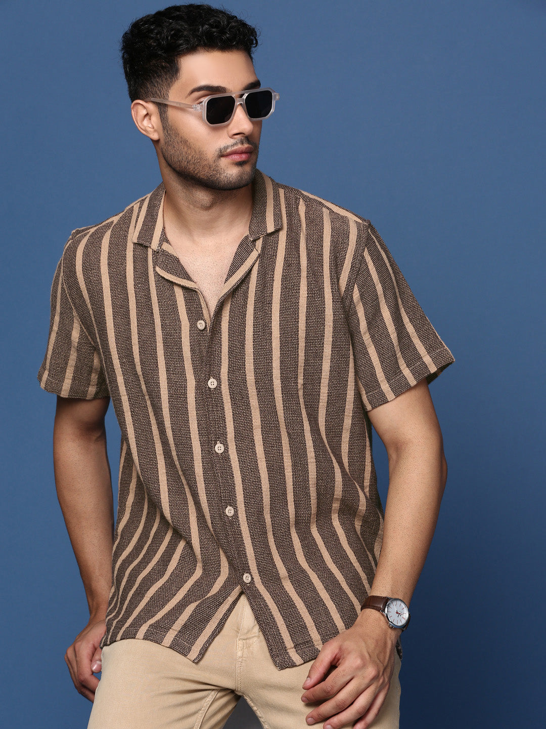 Men Cuban Collar Striped Beige Relaxed Fit Shirt