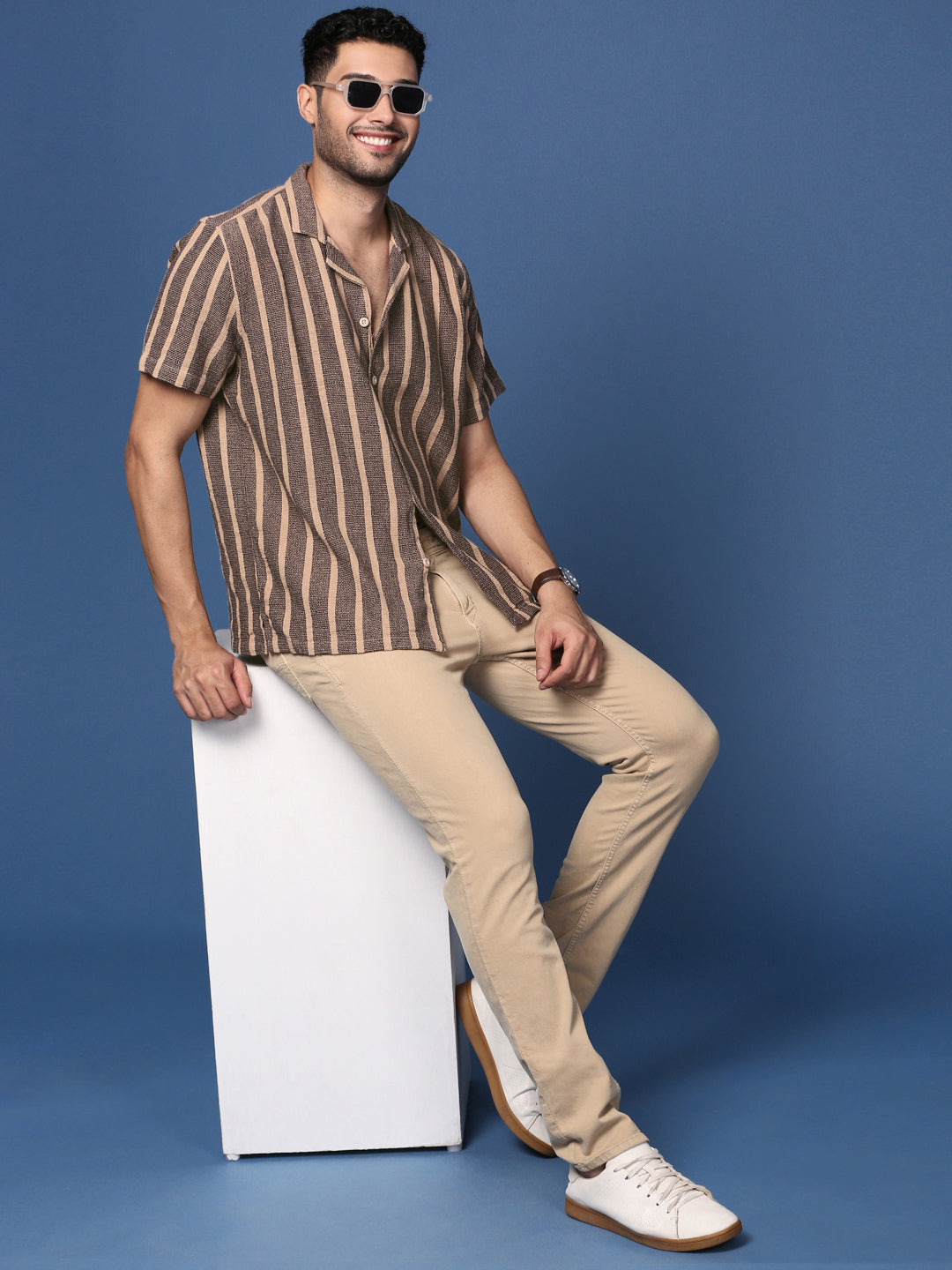 Men Cuban Collar Striped Beige Relaxed Fit Shirt