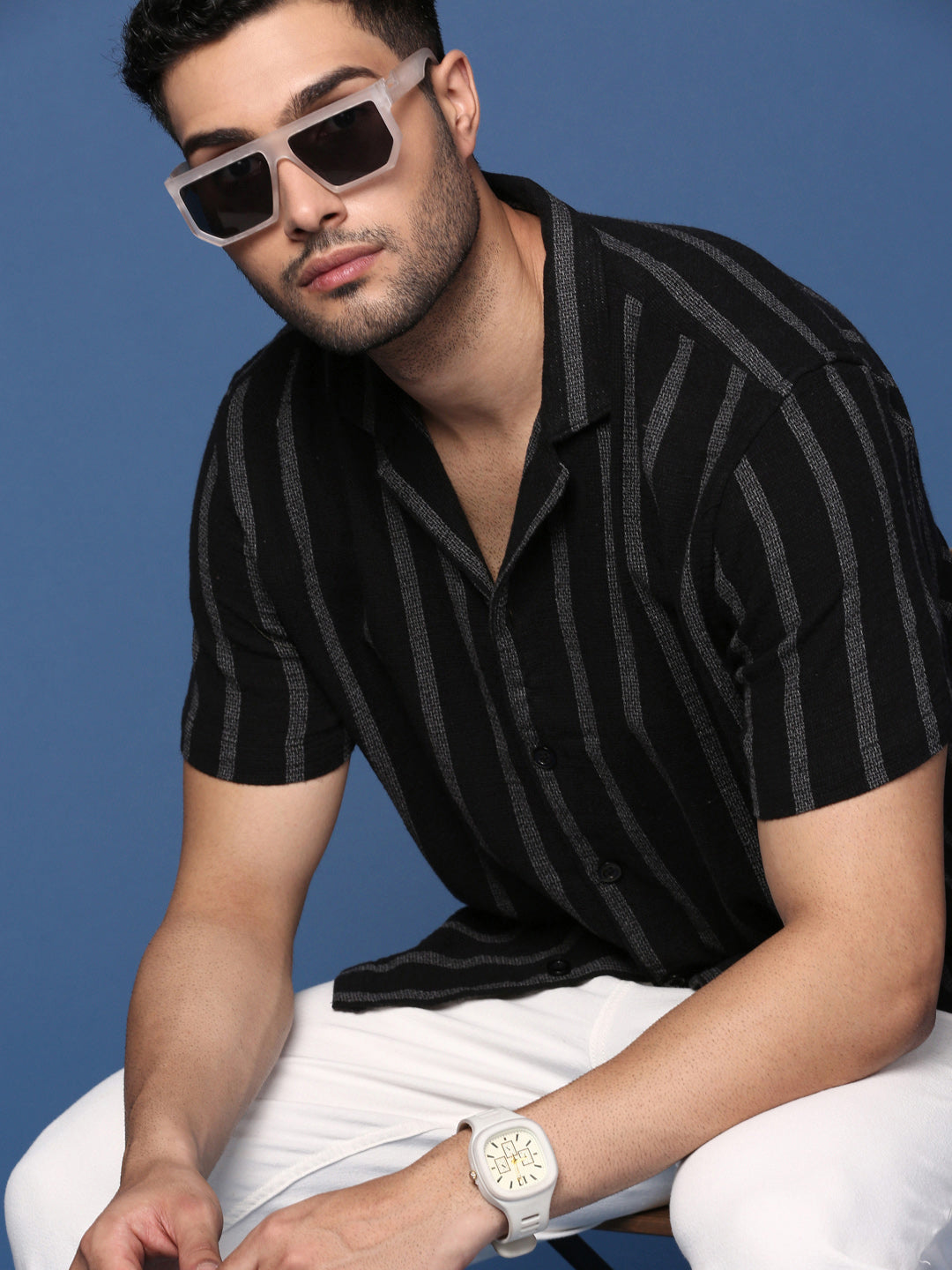 Men Cuban Collar Striped Black Relaxed Fit Shirt