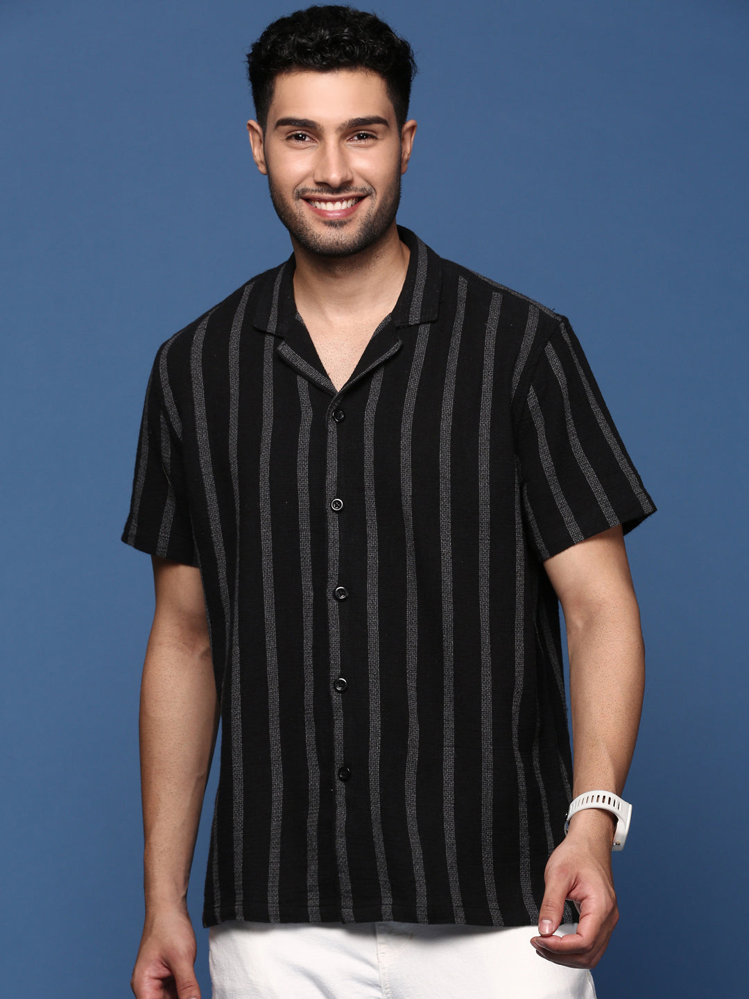 Men Cuban Collar Striped Black Relaxed Fit Shirt