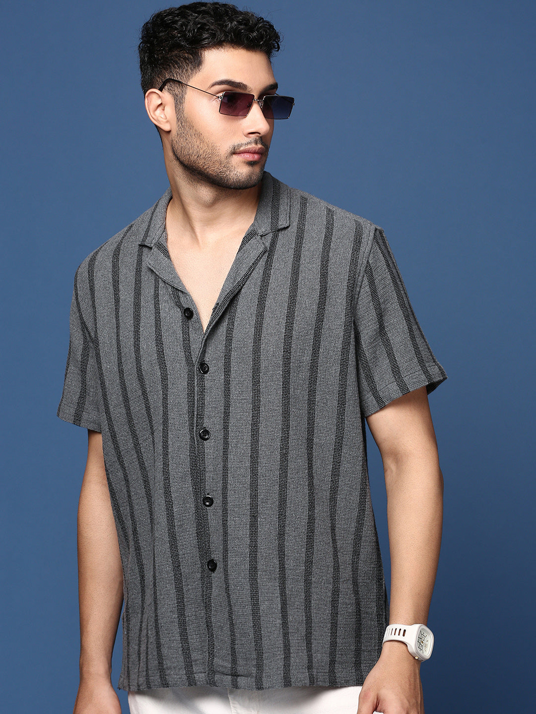 Men Cuban Collar Striped Charcoal Relaxed Fit Shirt