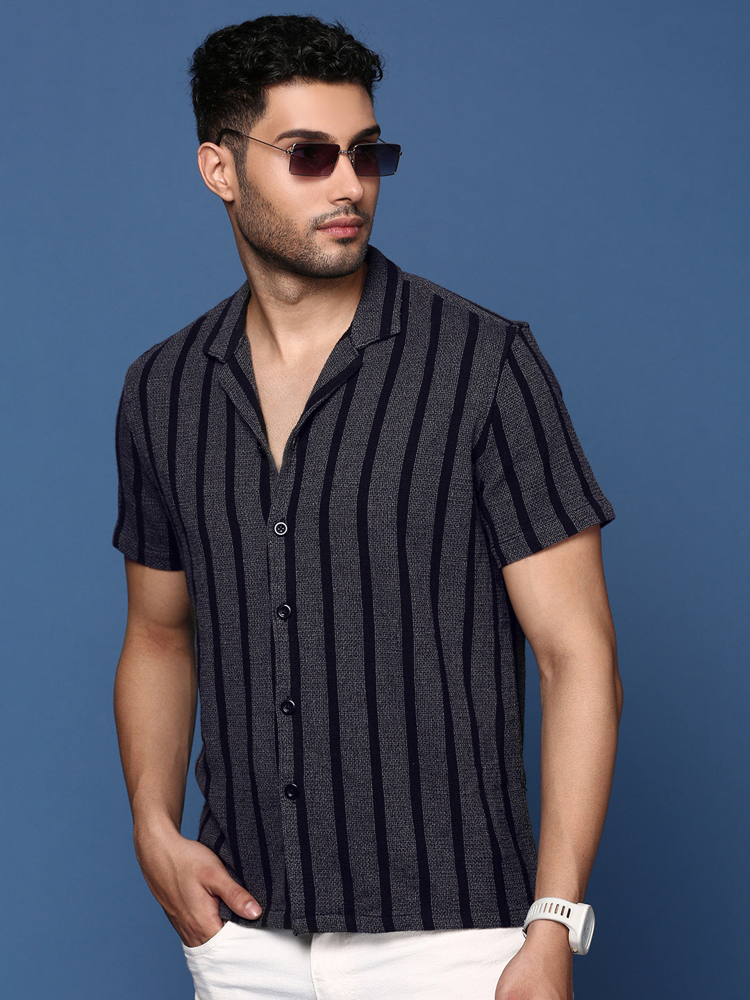 Men Cuban Collar Striped Charcoal Relaxed Fit Shirt