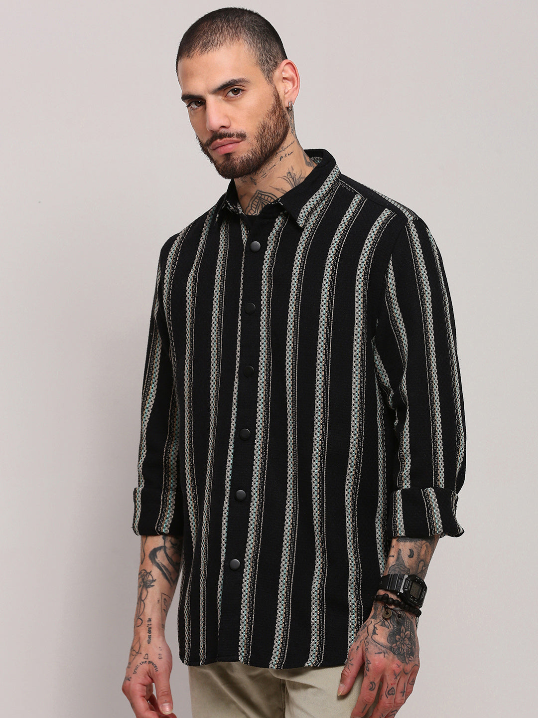 Men Black Striped Shacket