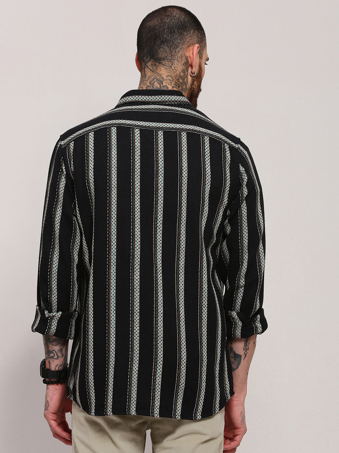 Men Black Striped Shacket