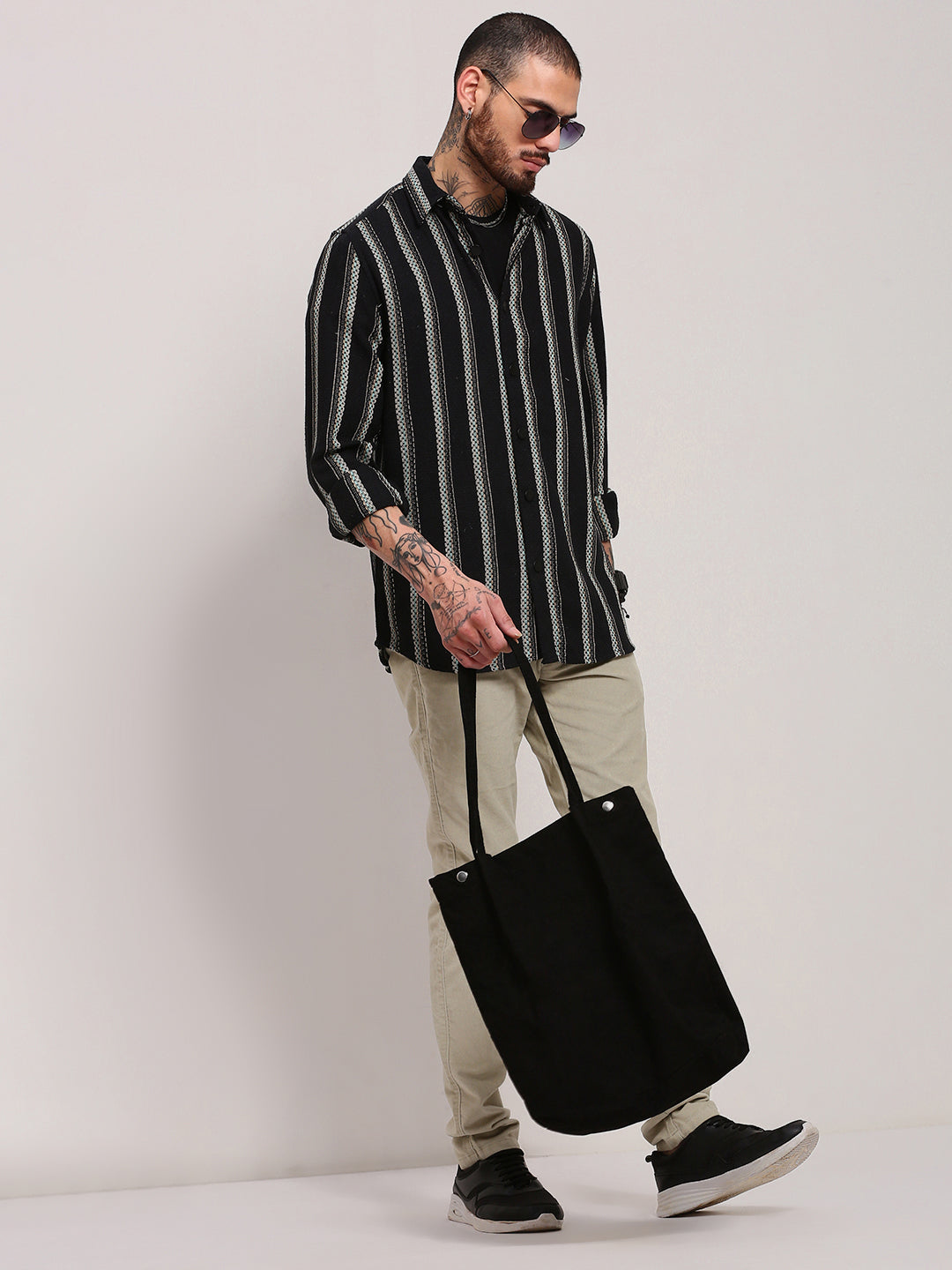 Men Black Striped Shacket