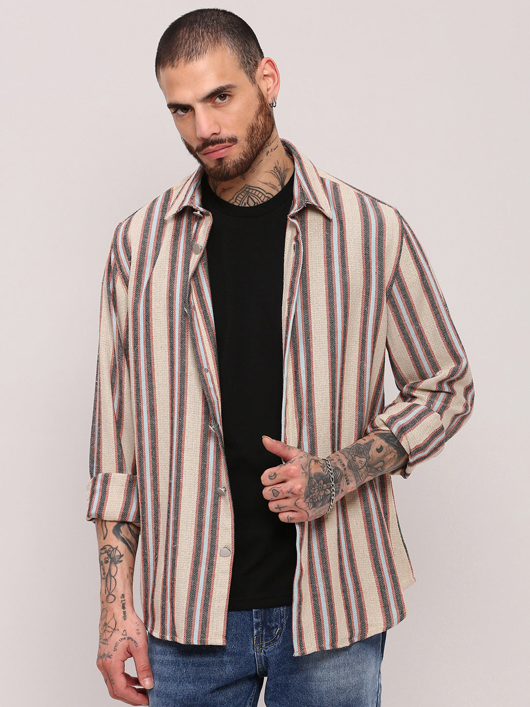 Men Beige Striped Shacket