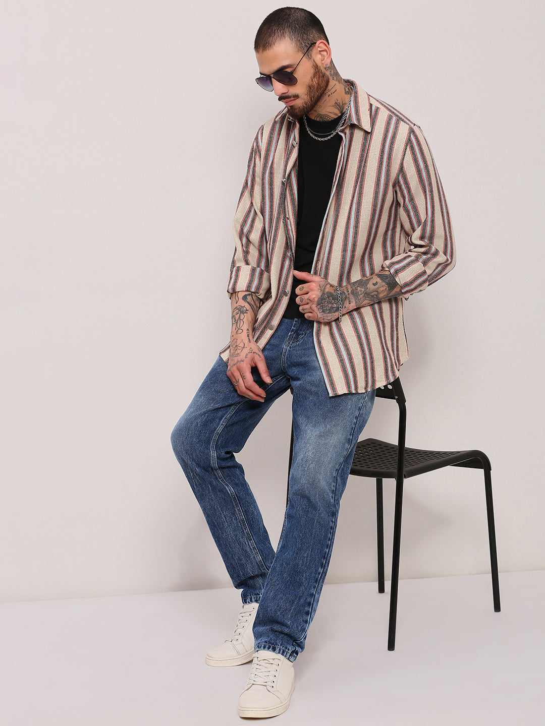 Men Beige Striped Shacket