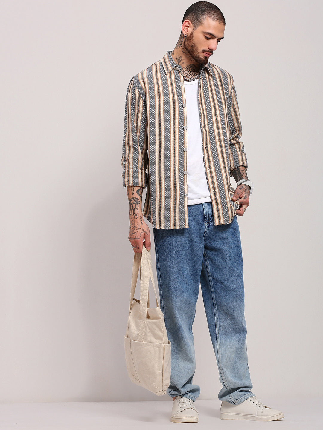 Men Beige Striped Slim Fit Shacket