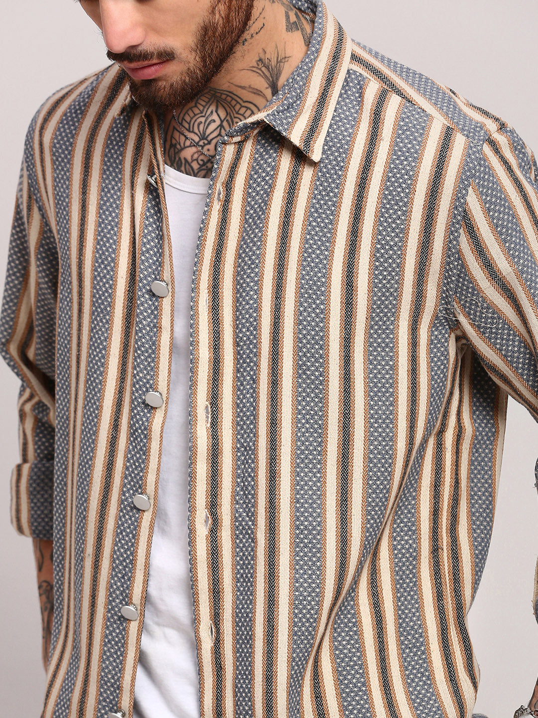 Men Beige Striped Slim Fit Shacket