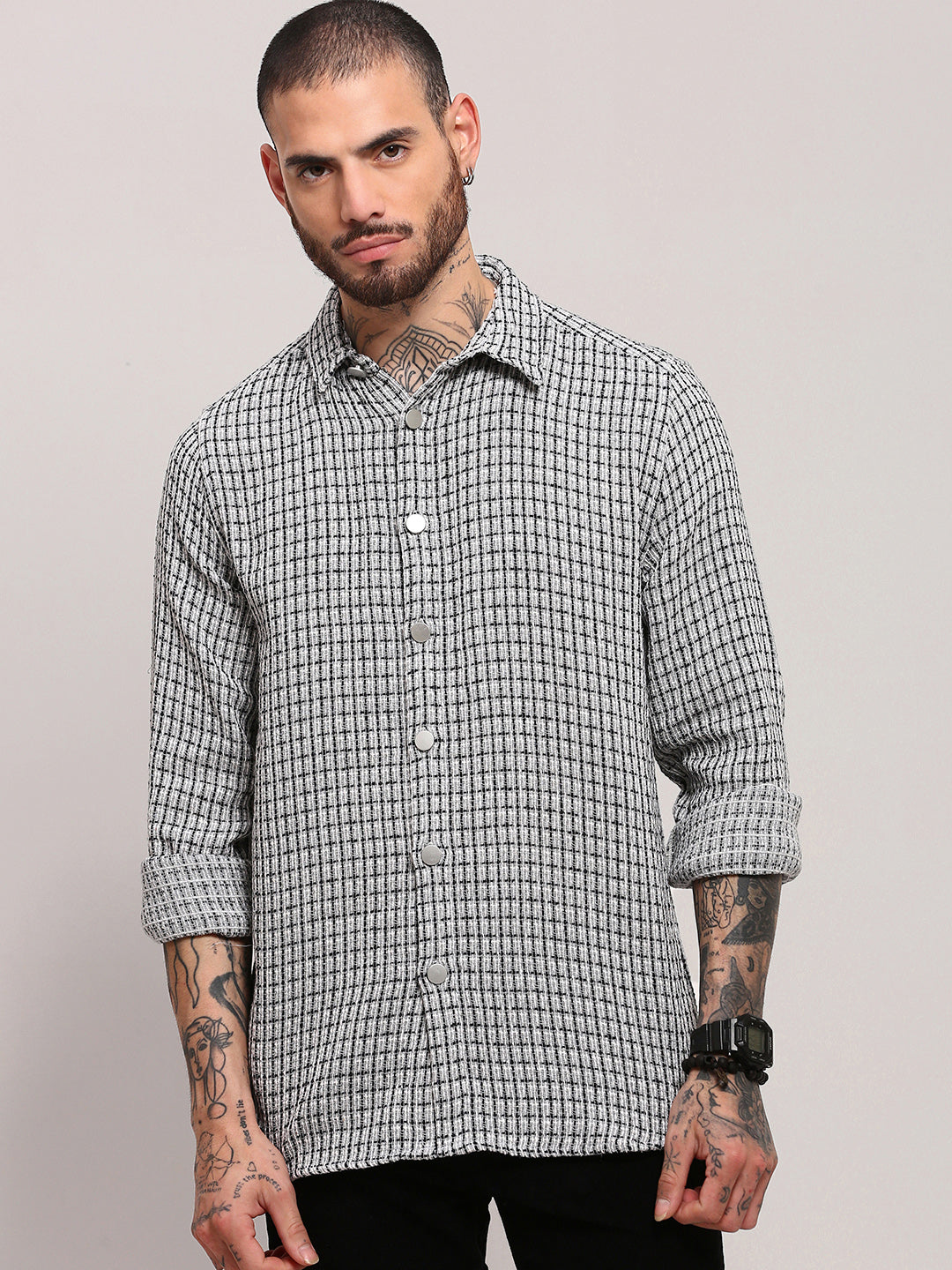 Men Grey Checked Shacket