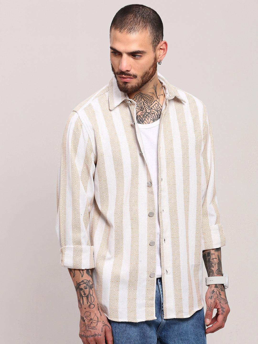 Men Cream Striped Shacket