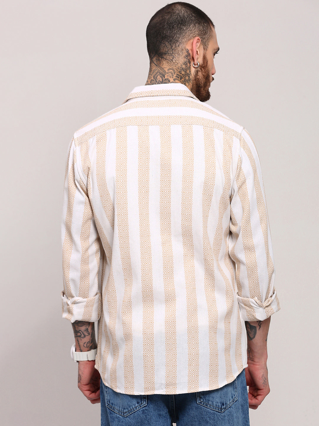 Men Cream Striped Shacket