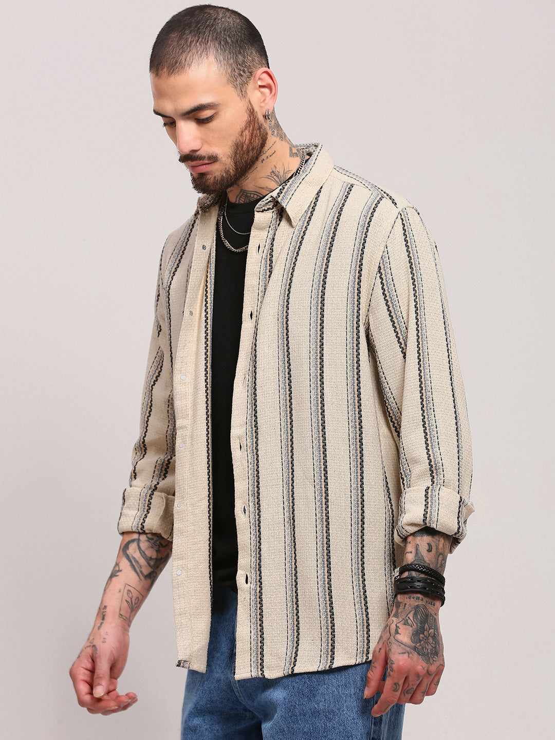 Men Cream Striped Shacket