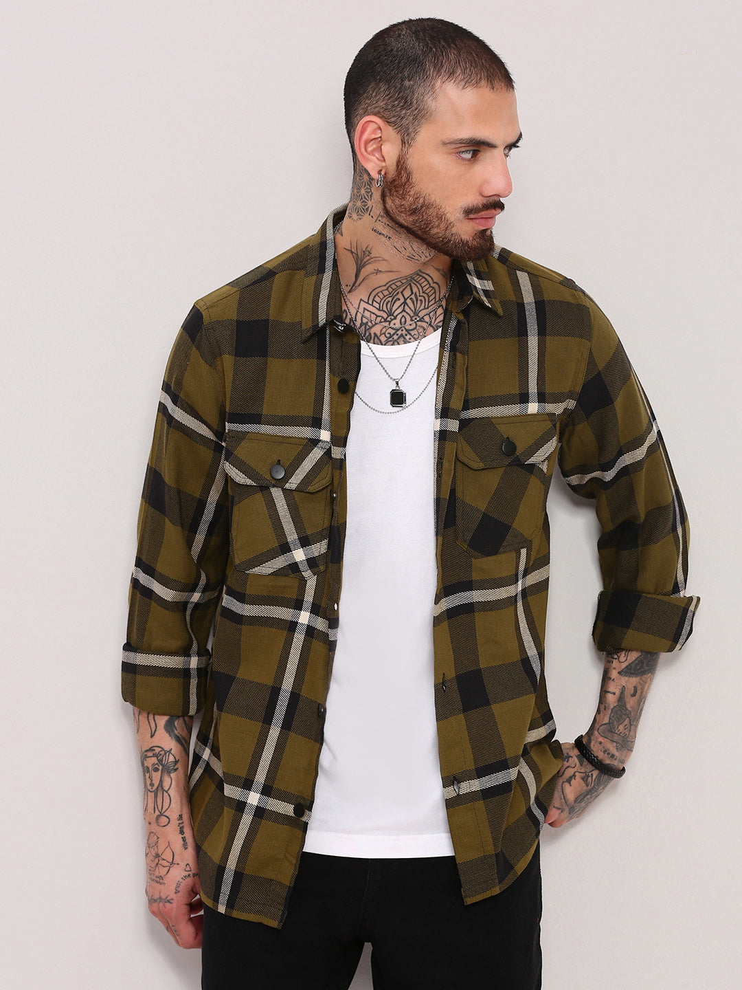 Men Green Checked Shacket