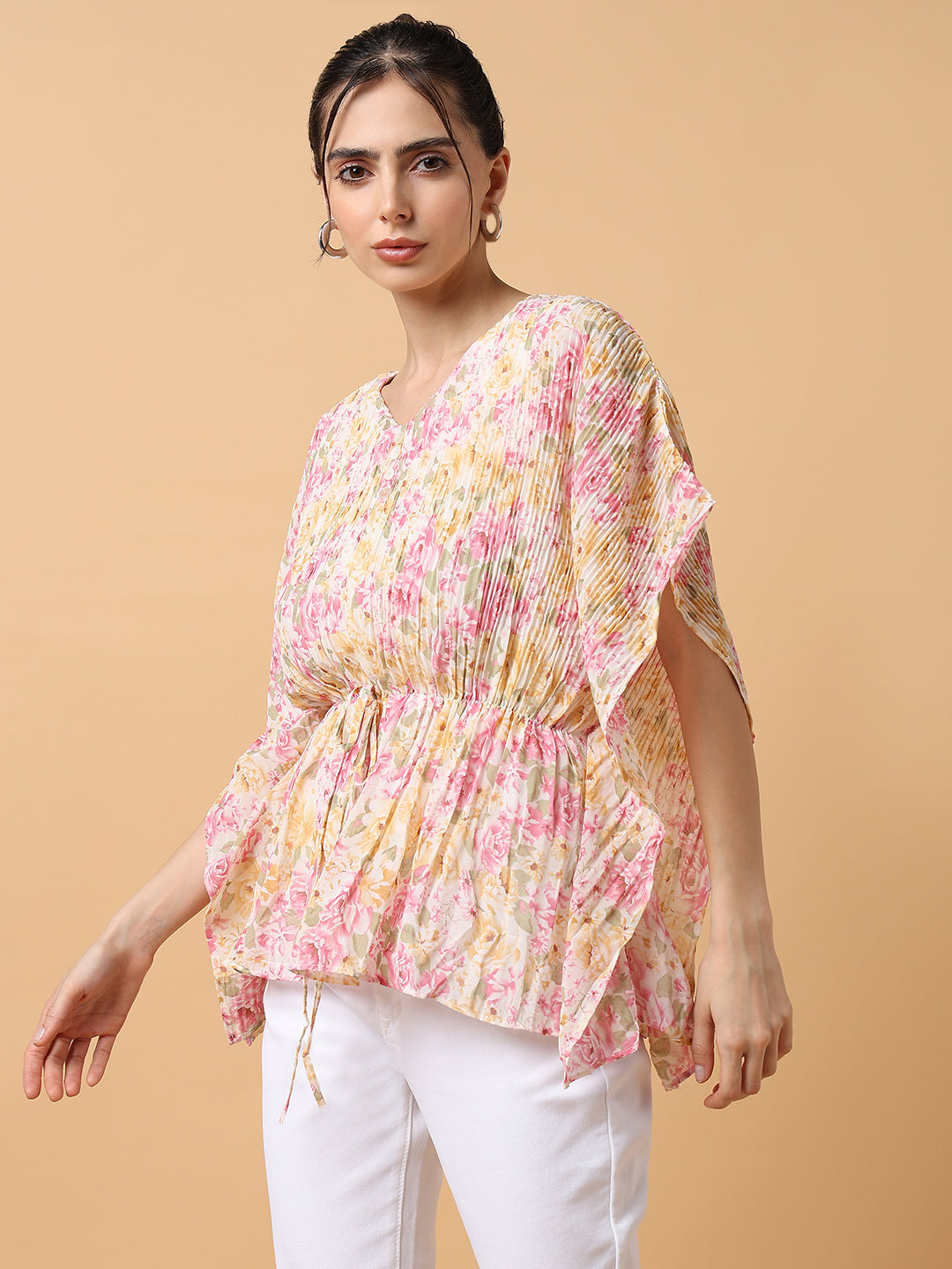 Women Pink Floral Kaftan Top