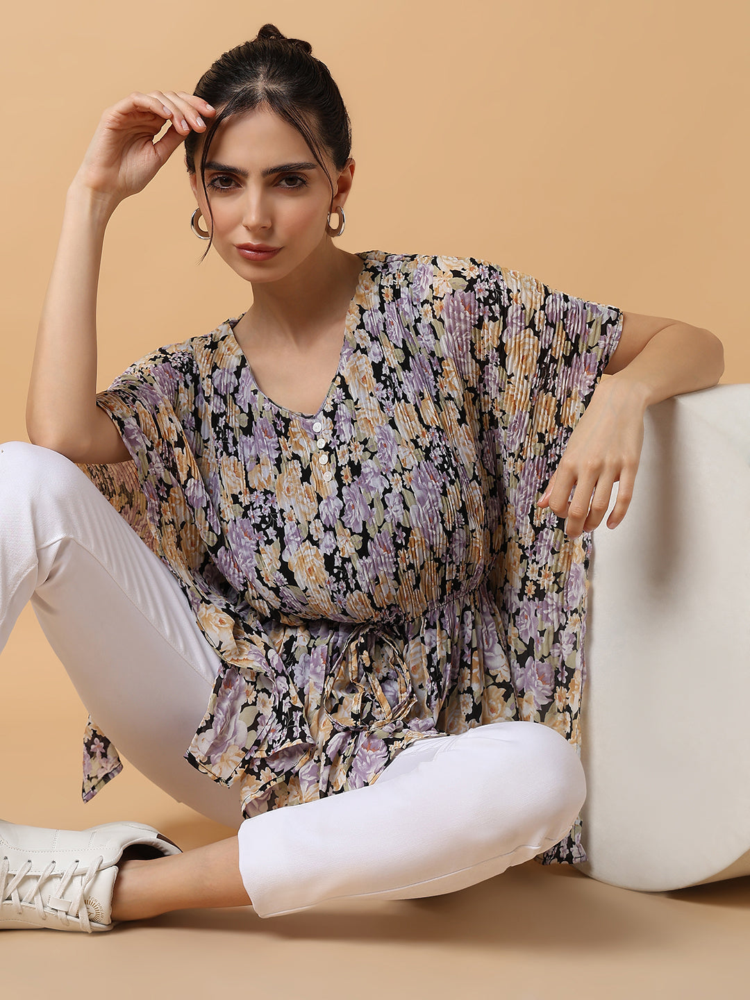 Women Lavender Floral Kaftan Top