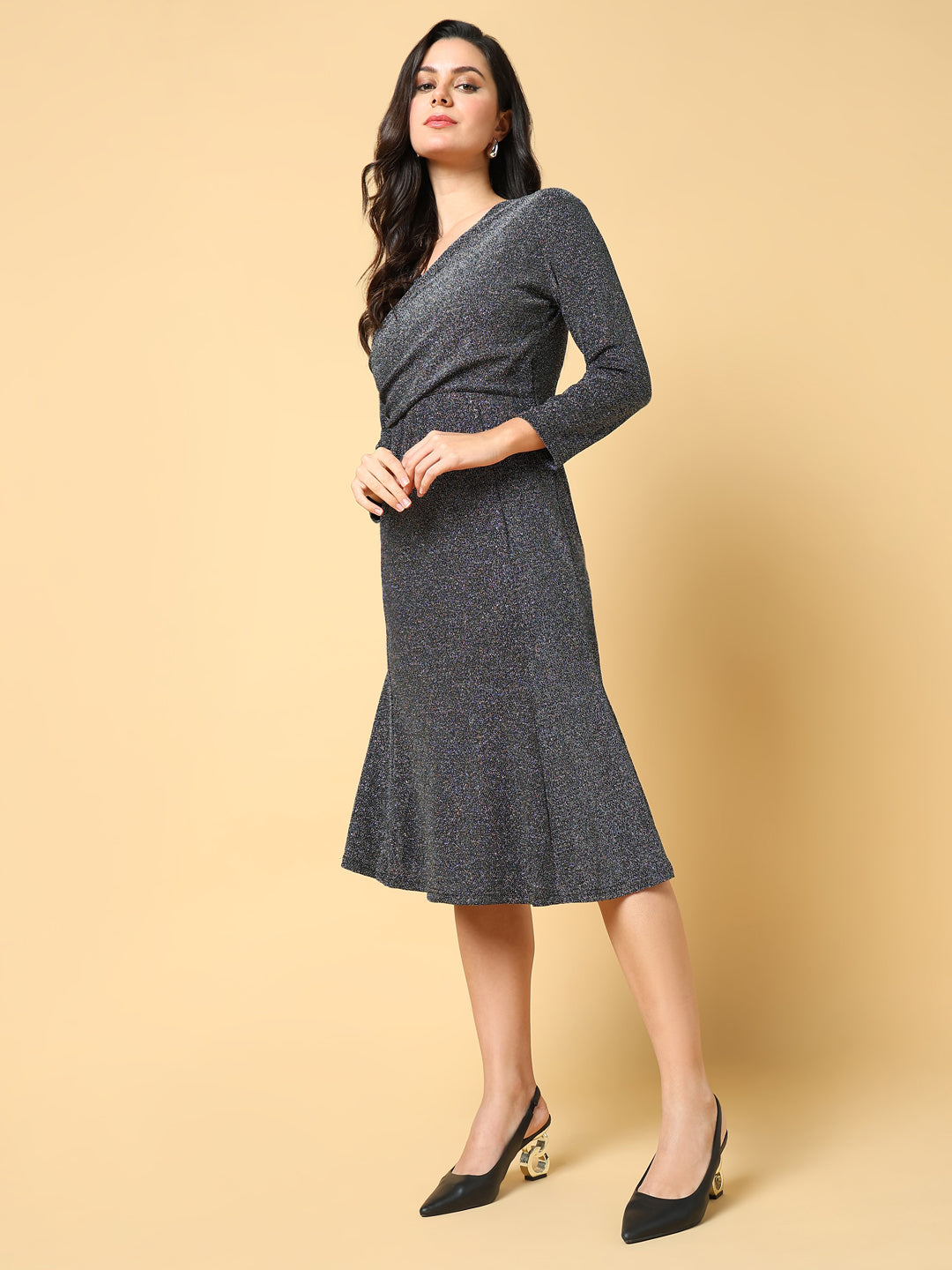 Women Solid Grey Fit and Flare Dress