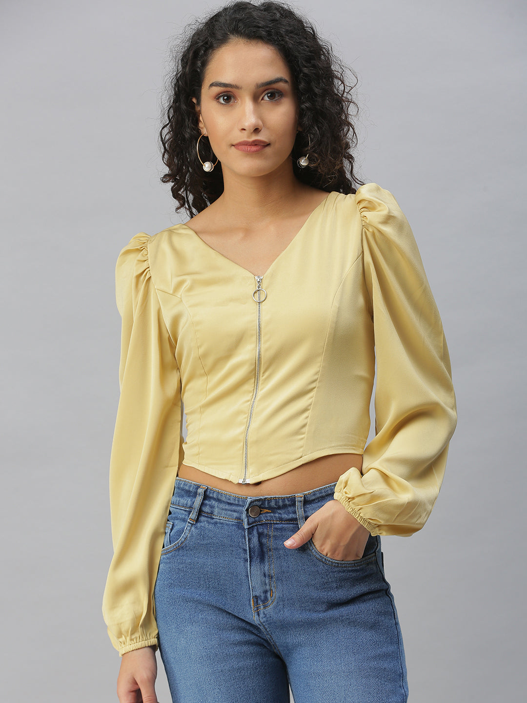 Women V-Neck Solid Champagne Fitted Top