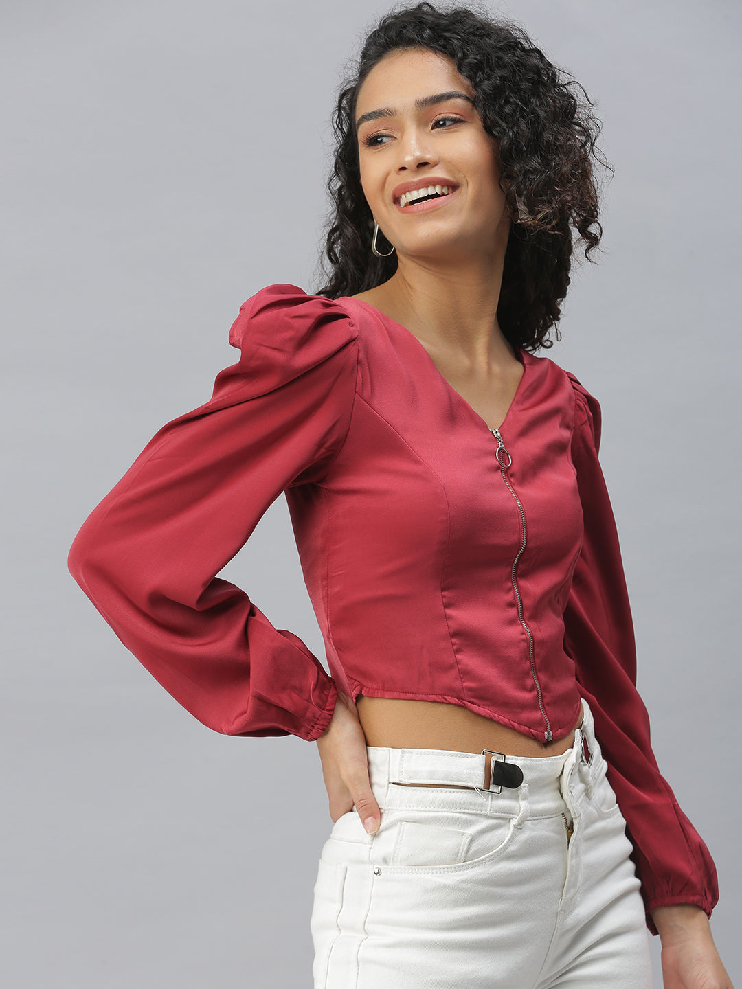 Women V-Neck Solid Maroon Fitted Top