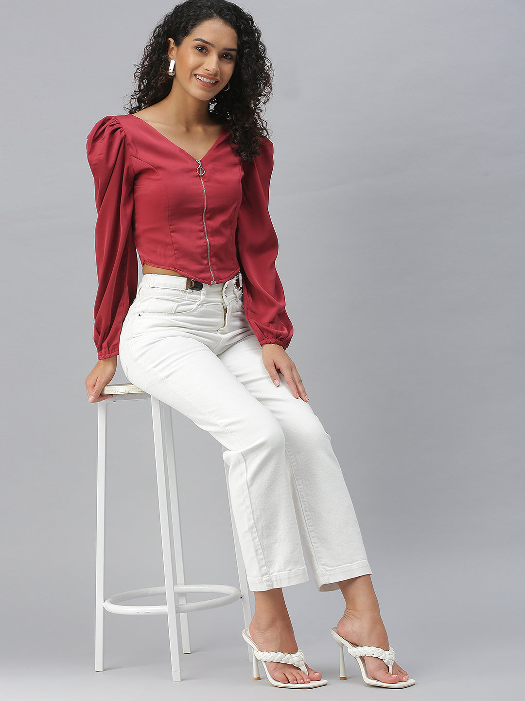Women V-Neck Solid Maroon Fitted Top