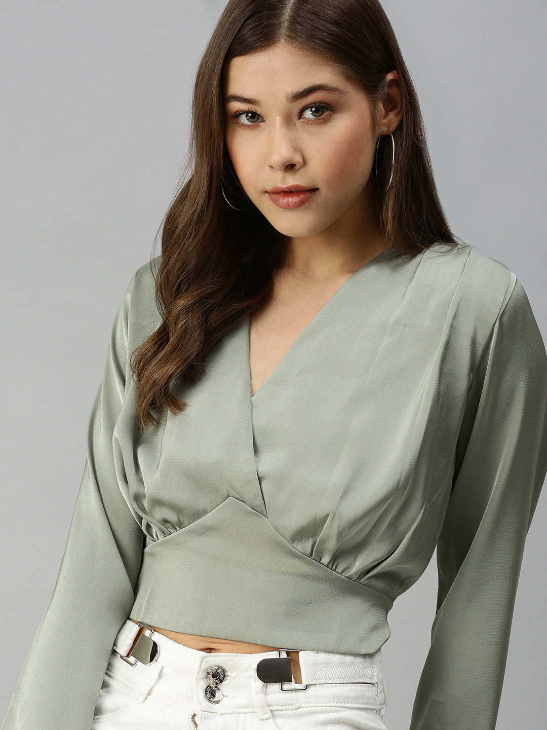 Women V-Neck Solid Green Cinched Waist Top