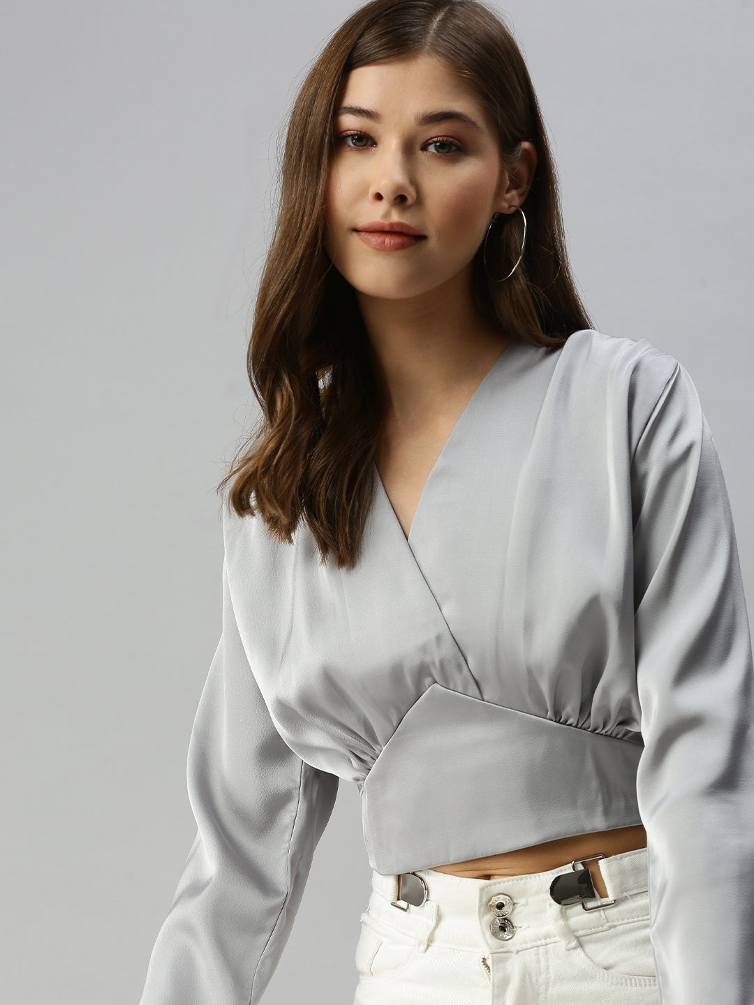 Women V-Neck Solid Grey Cinched Waist Top