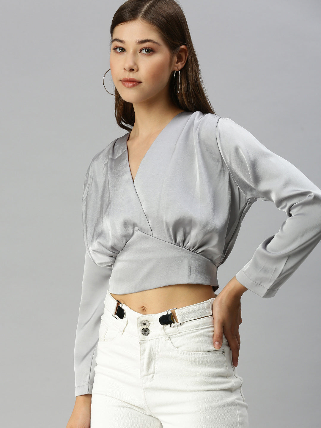 Women V-Neck Solid Grey Cinched Waist Top