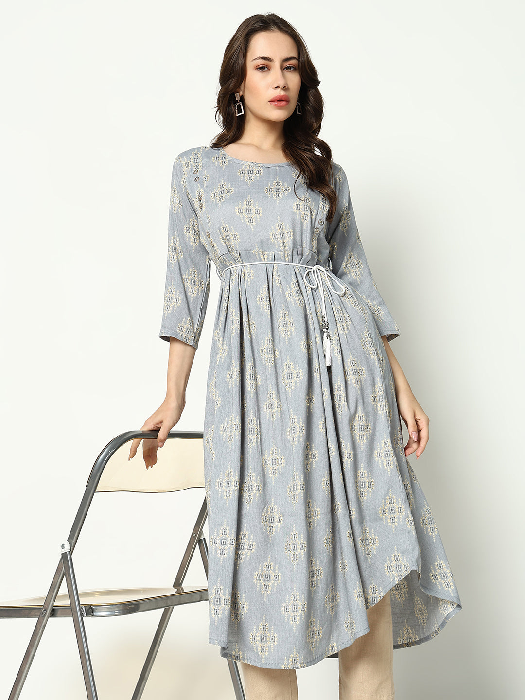 Women Printed Empire Grey Kurta