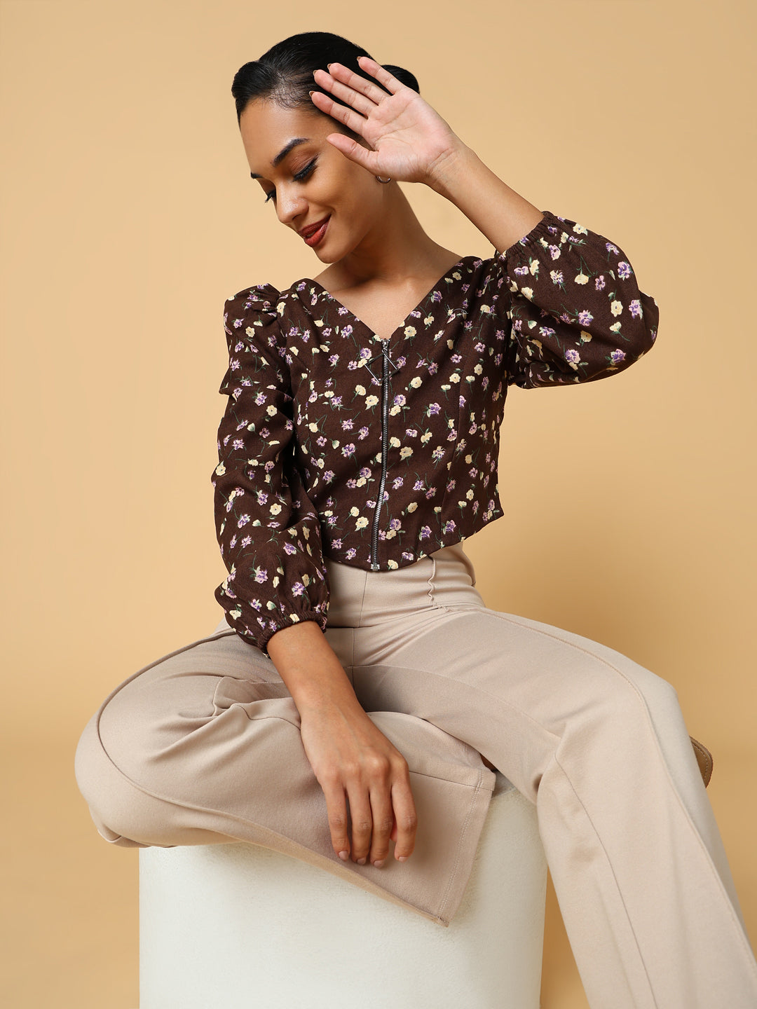 Women Brown Floral Crop Top