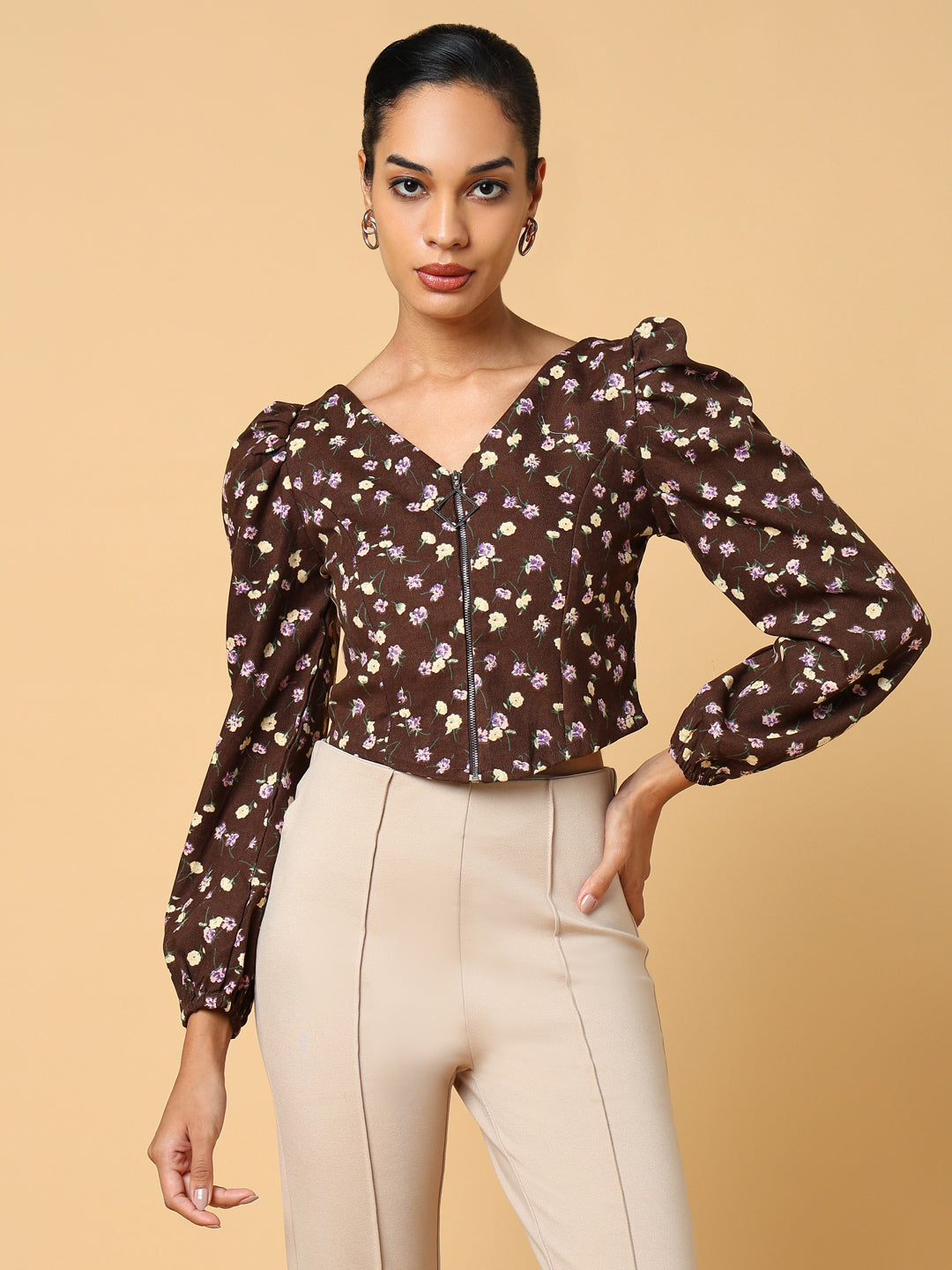 Women Brown Floral Crop Top