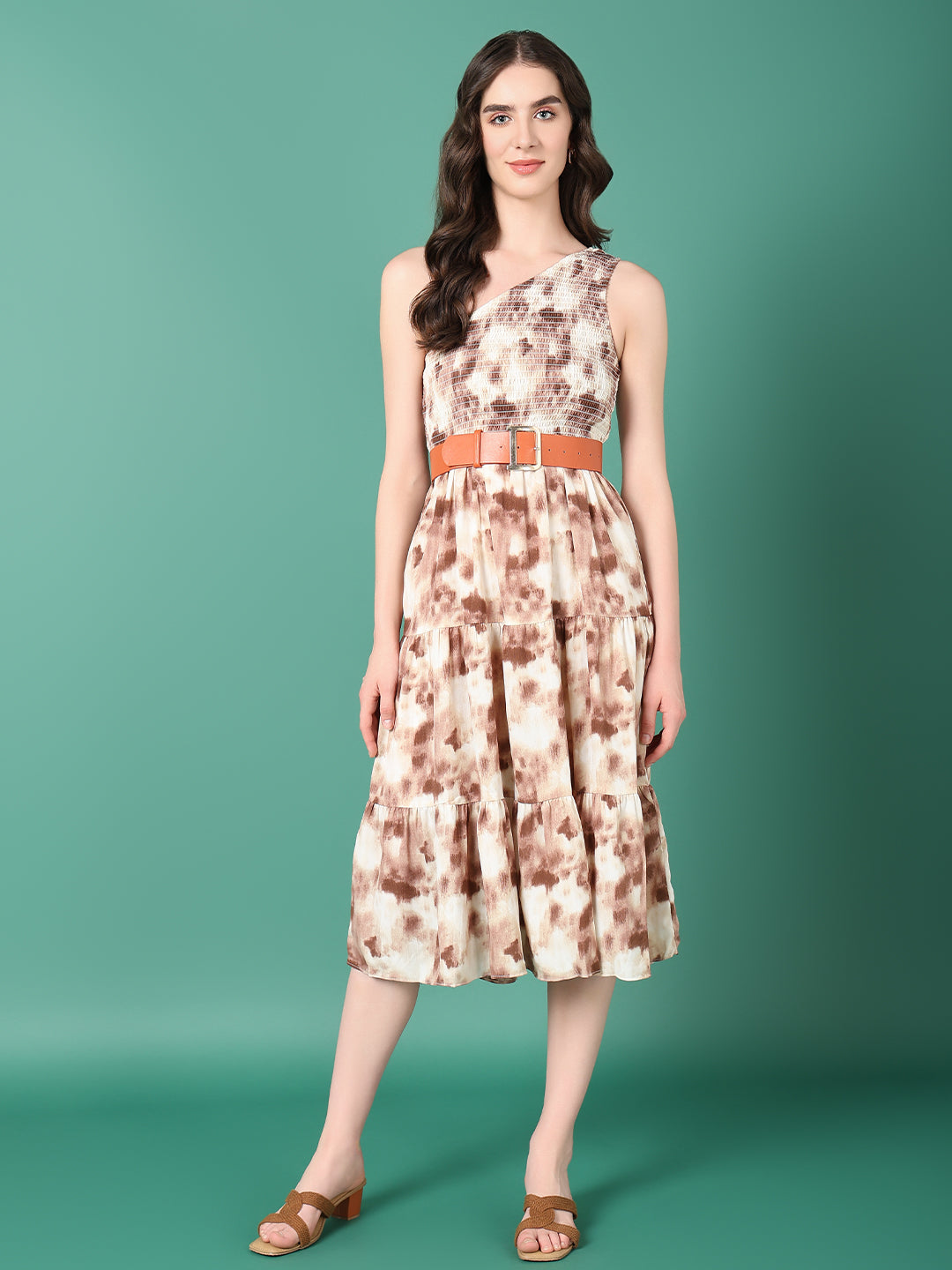 Women Brown Dyed Fit and Flare Dress With Belt