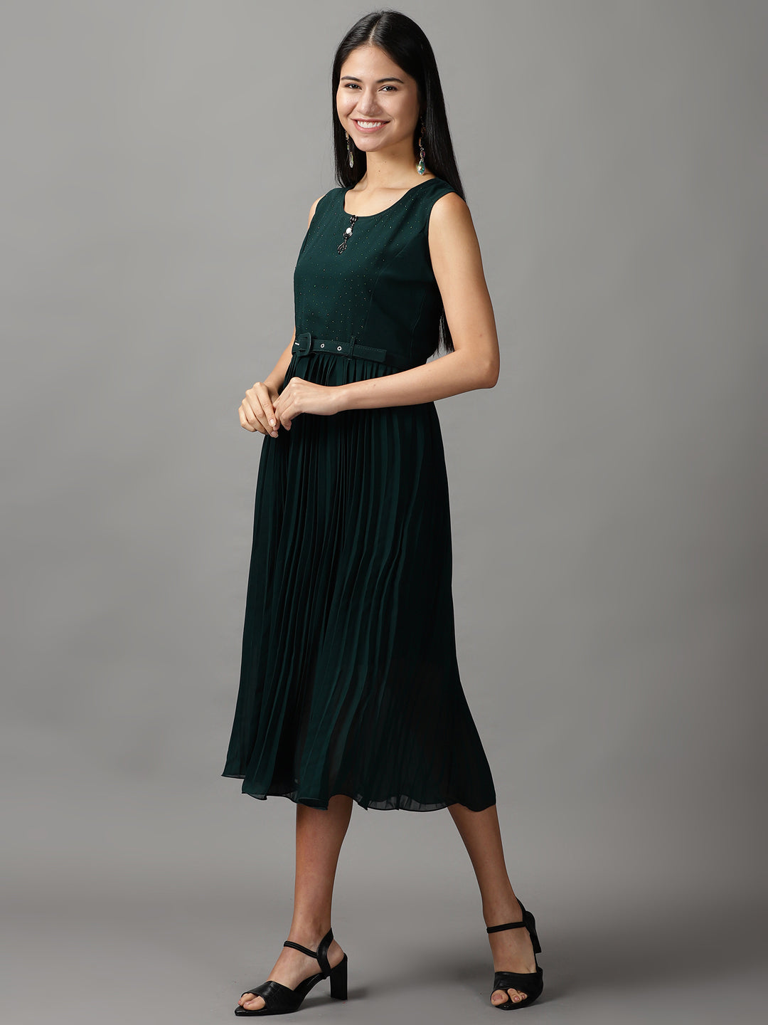 Women Solid Fit and Flare Green Dress