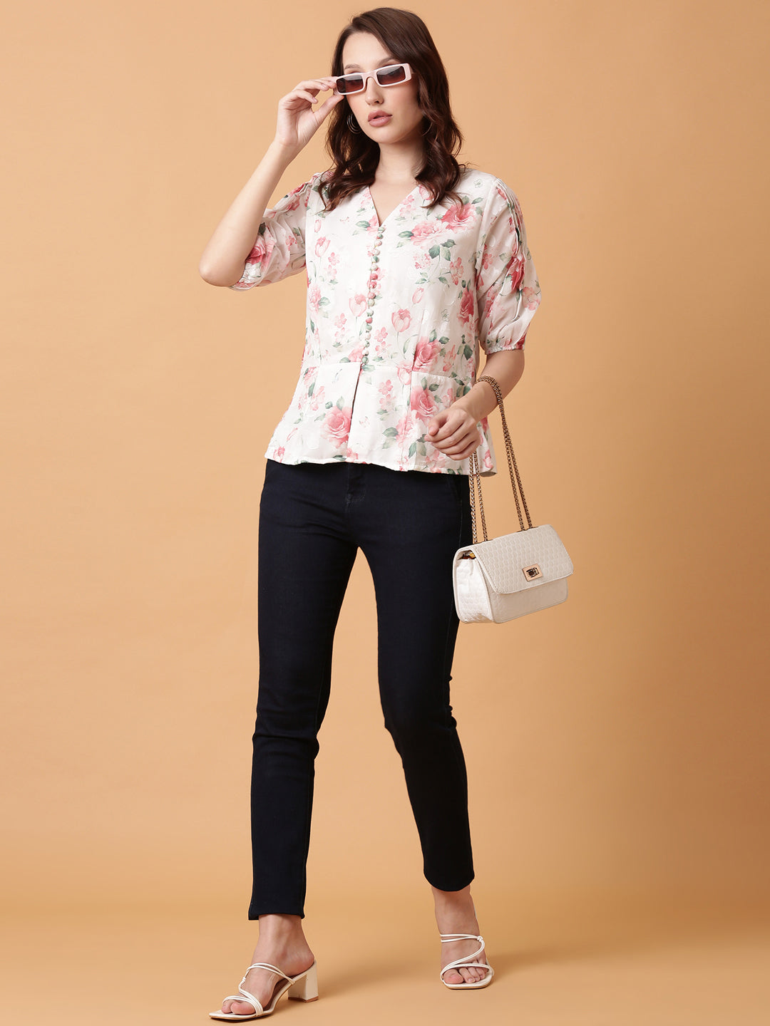 Women White Floral Peplum Top