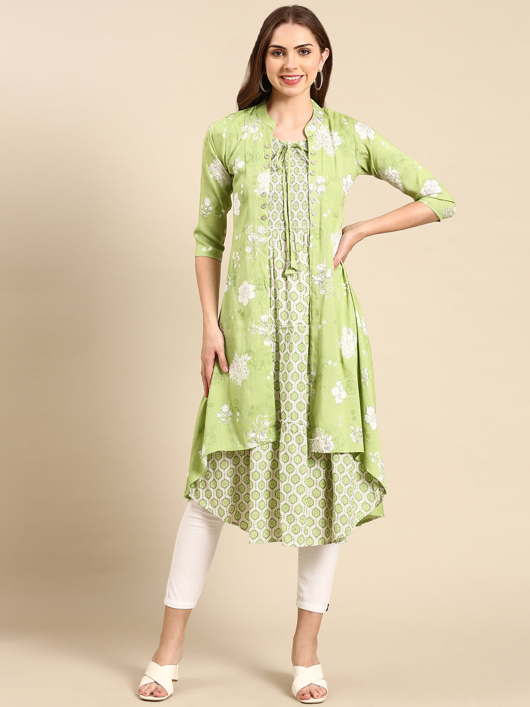 Women Mandarin Collar Printed Green Anarkali Kurta