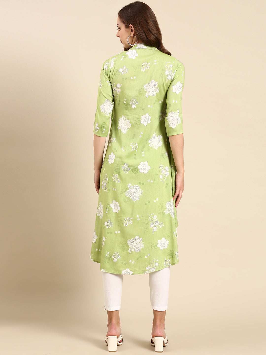 Women Mandarin Collar Printed Green Anarkali Kurta