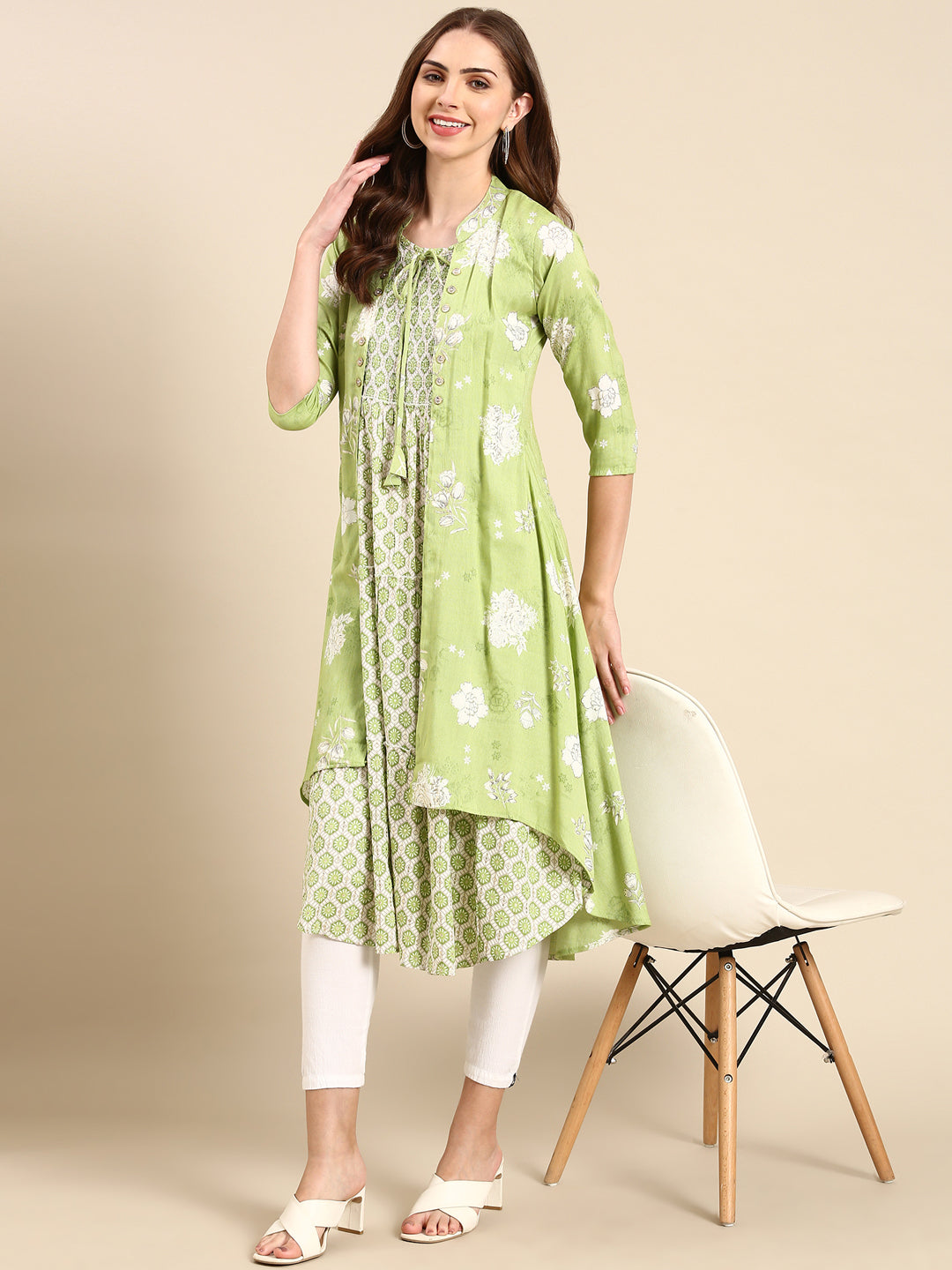 Women Mandarin Collar Printed Green Anarkali Kurta