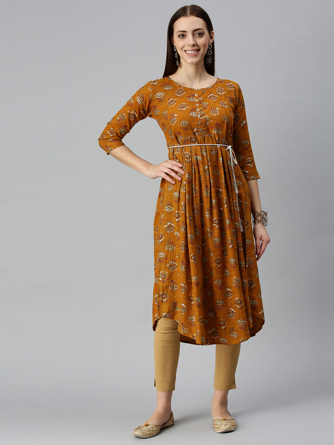 Women Printed Mustard A-Line Kurta