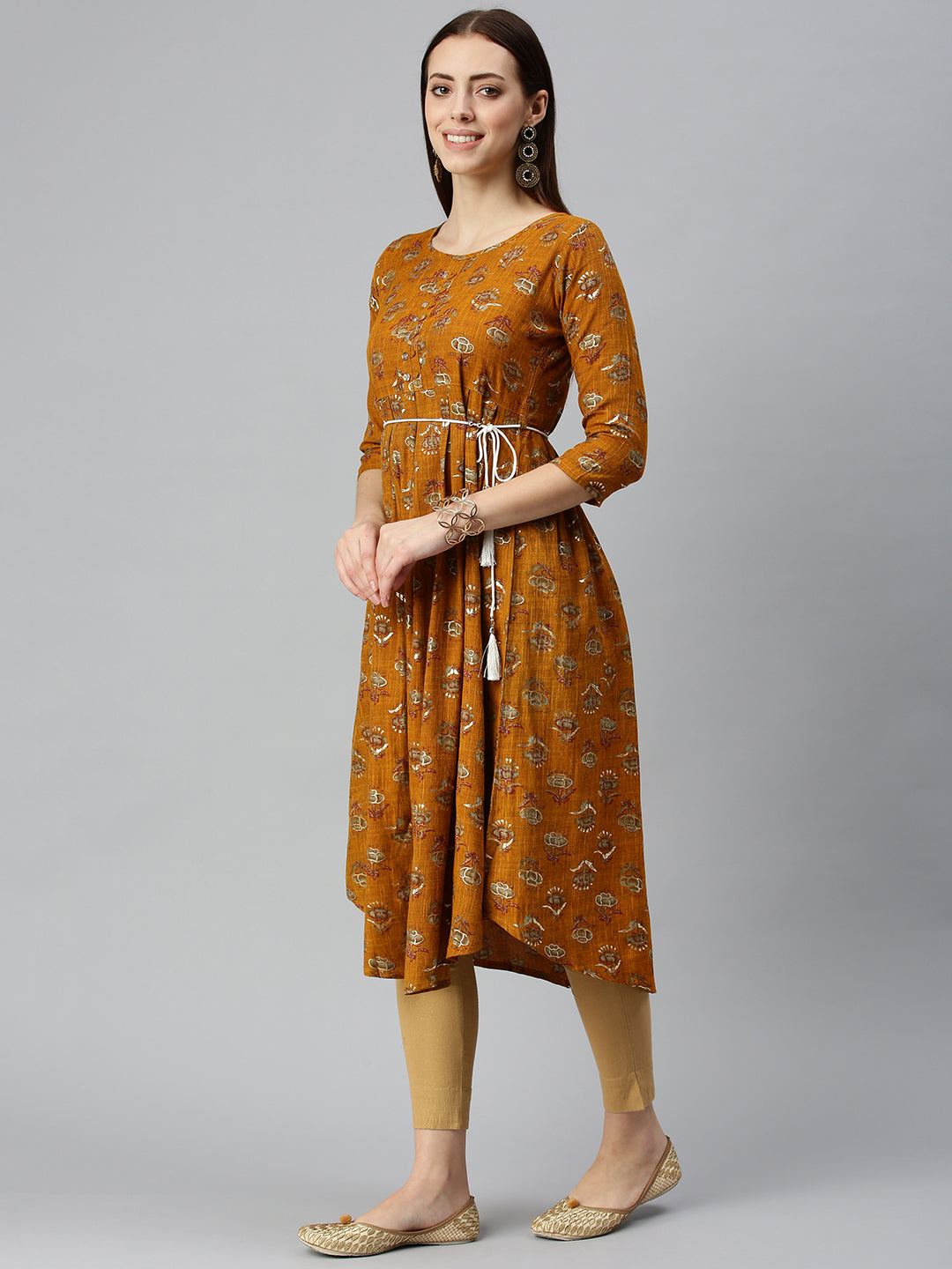 Women Printed Mustard A-Line Kurta