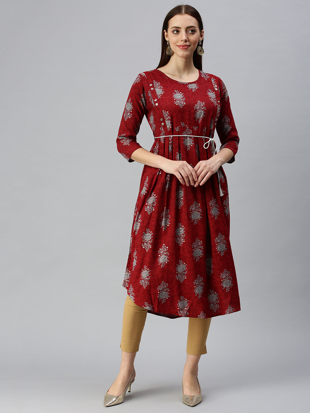 Women Printed Maroon A-Line Kurta