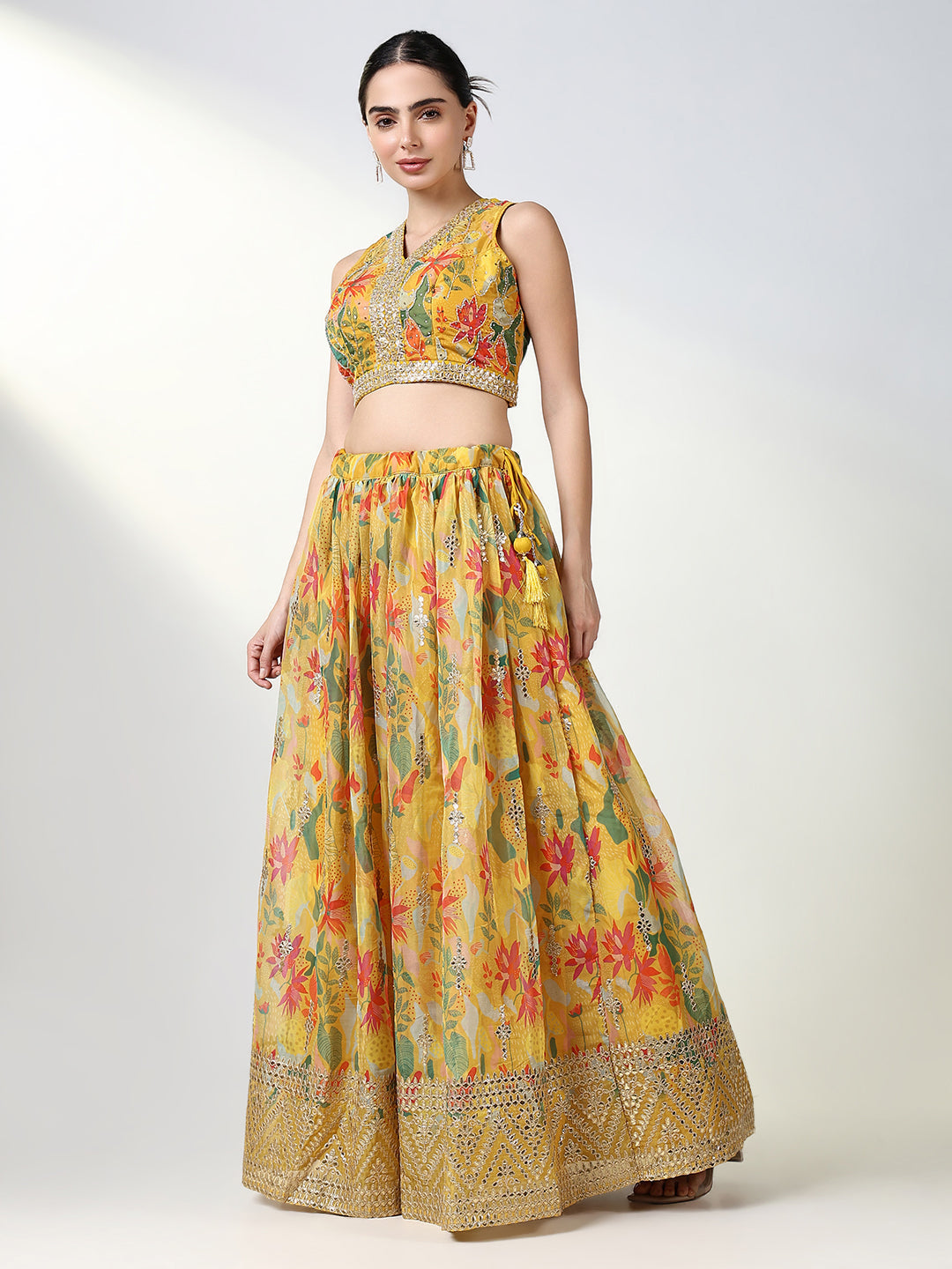 Women Yellow Printed Lehenga Choli with Dupatta